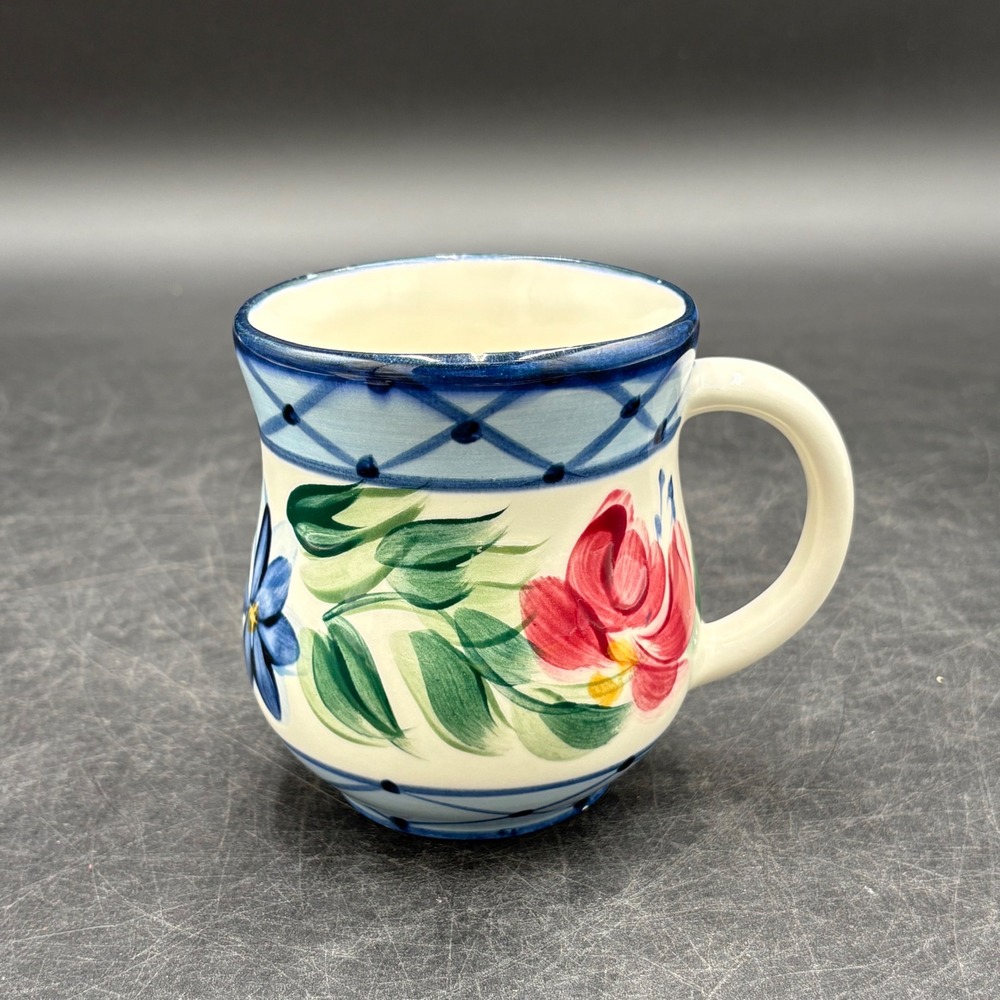 Vtg Gail Pittman Hand Painted Flowers Ceramic Mug Lattice Red Blue Purple